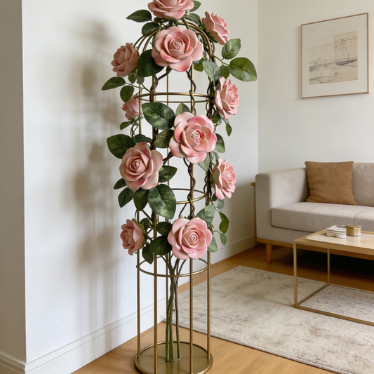 Artificial Pink Rose Trellis Sculpture | Statement Floral Floor Decor