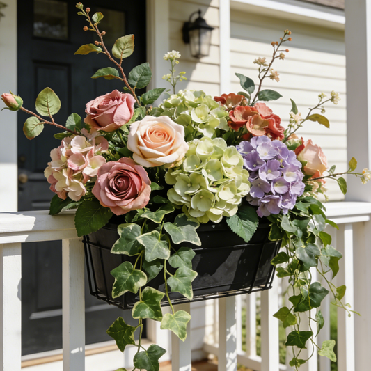 Rustic Farmhouse Artificial Flower Window Box - Mixed Roses & Hydrangeas for Porch & Cottage Decor