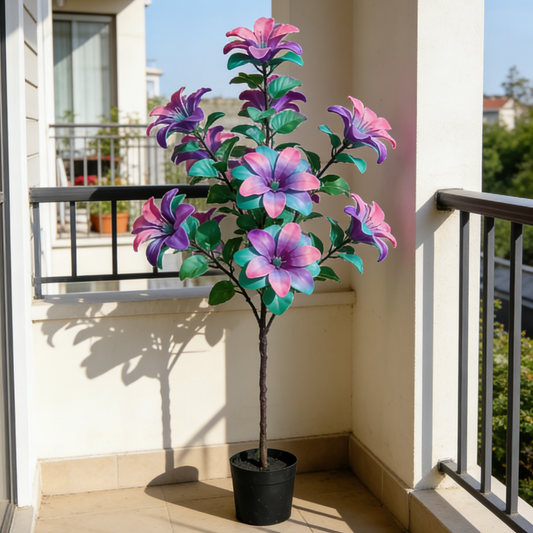 Colorful Faux Lily Tree with Pink & Purple Blooms - Weatherproof Outdoor Floor Plant